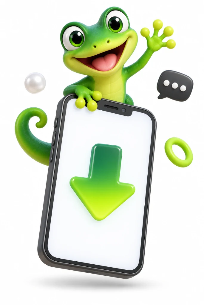Lizard Talk mascot with a download phone